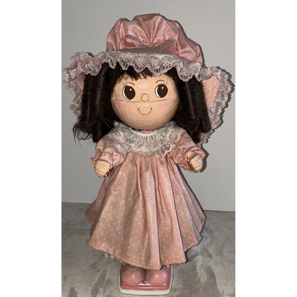 Paper Mache Girl Doll Pink Polka Dot Dress Bonnet Hat Handmade Vintage *dust